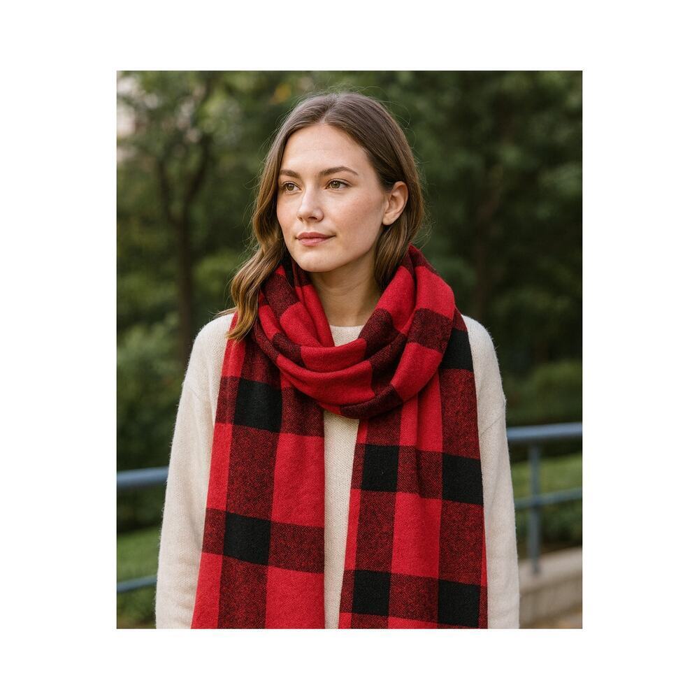 Vintage French-Made Plaid Scarf 47x46 Wool Blend for Bamberger’s Red Black